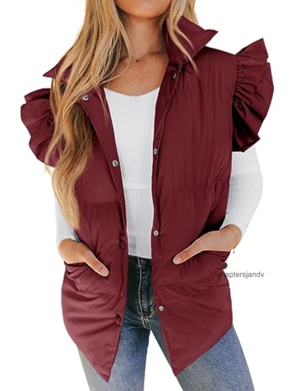 Womens Quilted Puffer Vest Ruffle Sleeve Button Down Gilet Fall Winter